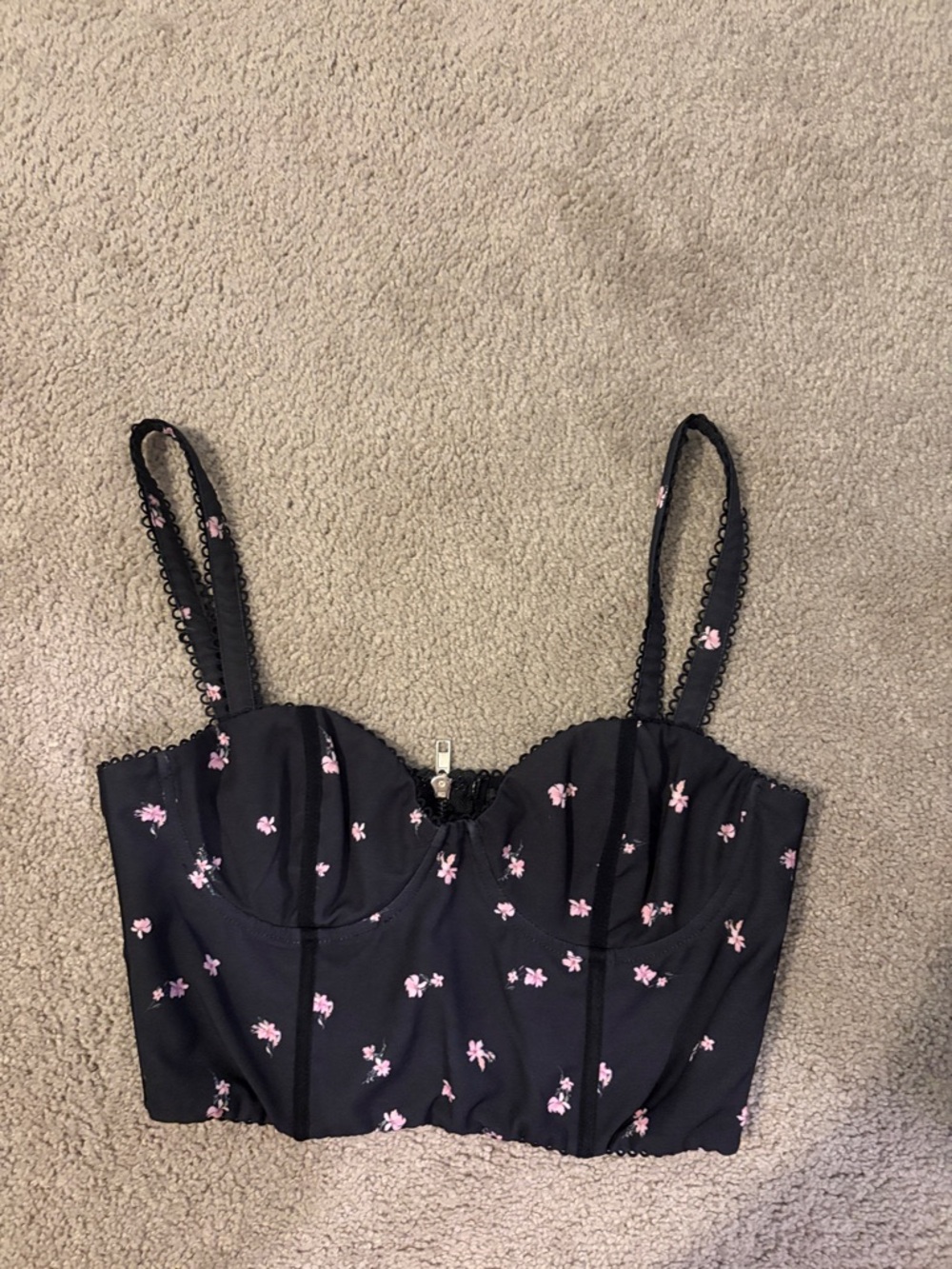 White Fox Boutique Black Cropped Bustier with Pink Floral Print